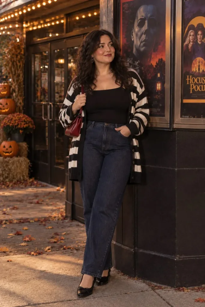 Midsize 90s Halloween costume with striped cardigan and straight jeans