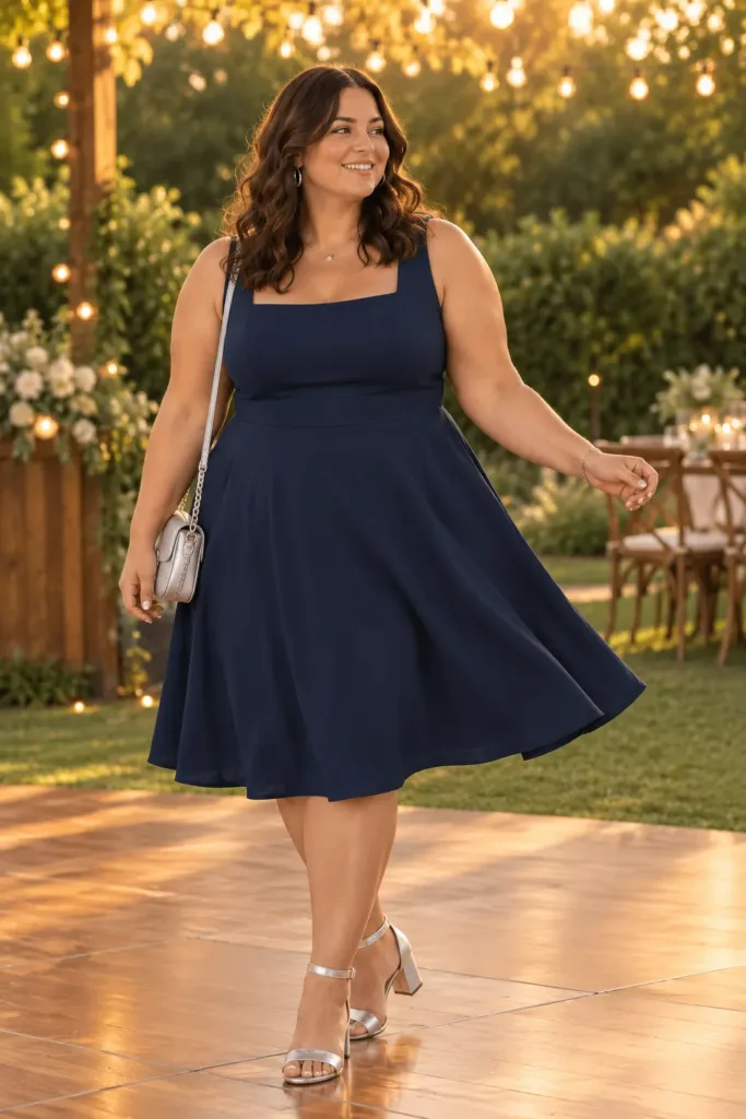 Plus size navy A-line cocktail dress for wedding reception comfort