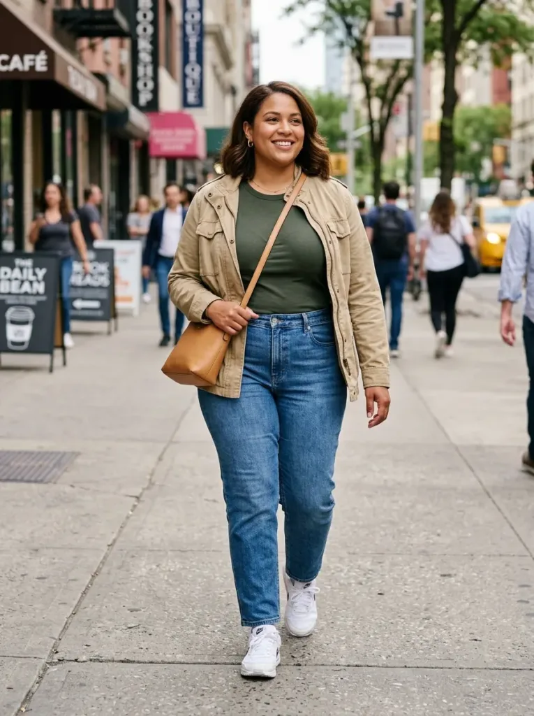 Plus size all day comfortable spring outfit built around supportive sneakers