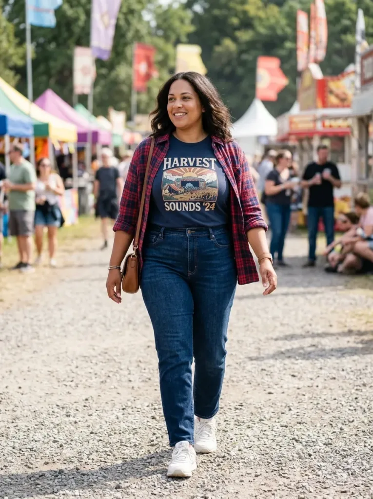 Plus size all day comfortable concert outfit built around supportive sneakers