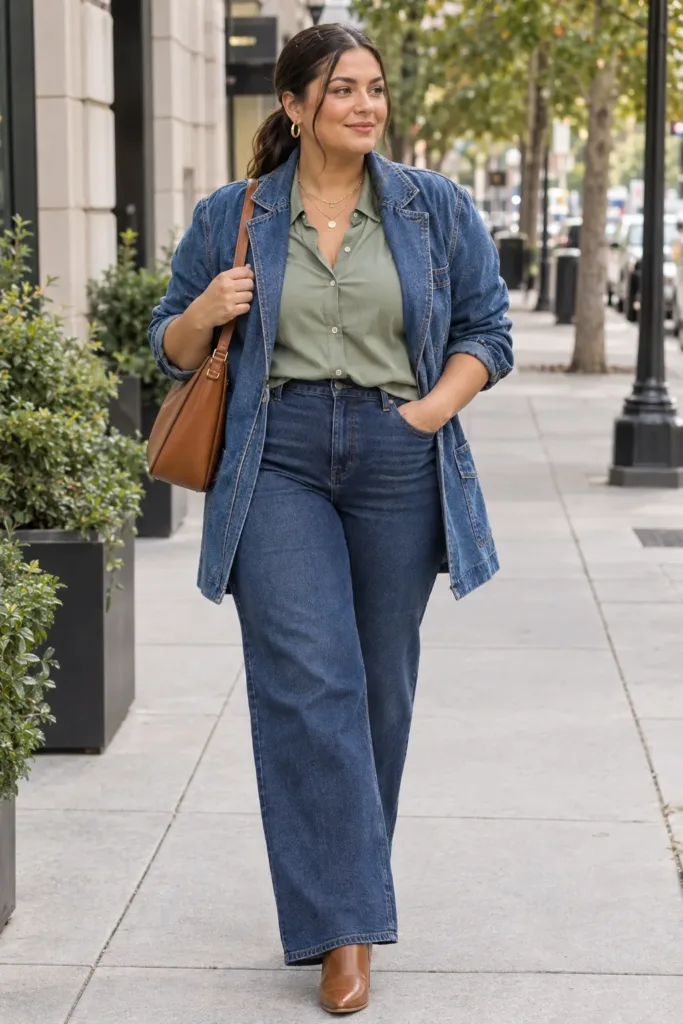 Plus size longline denim jacket outfit with wide leg jeans