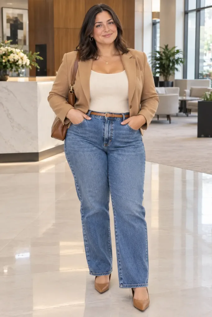 Plus size denim outfit with structured blazer for a polished work look