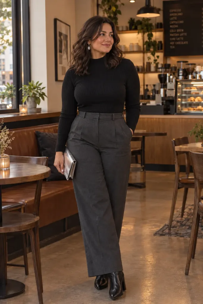 Classy plus size outfit black top charcoal trousers for cocktail party