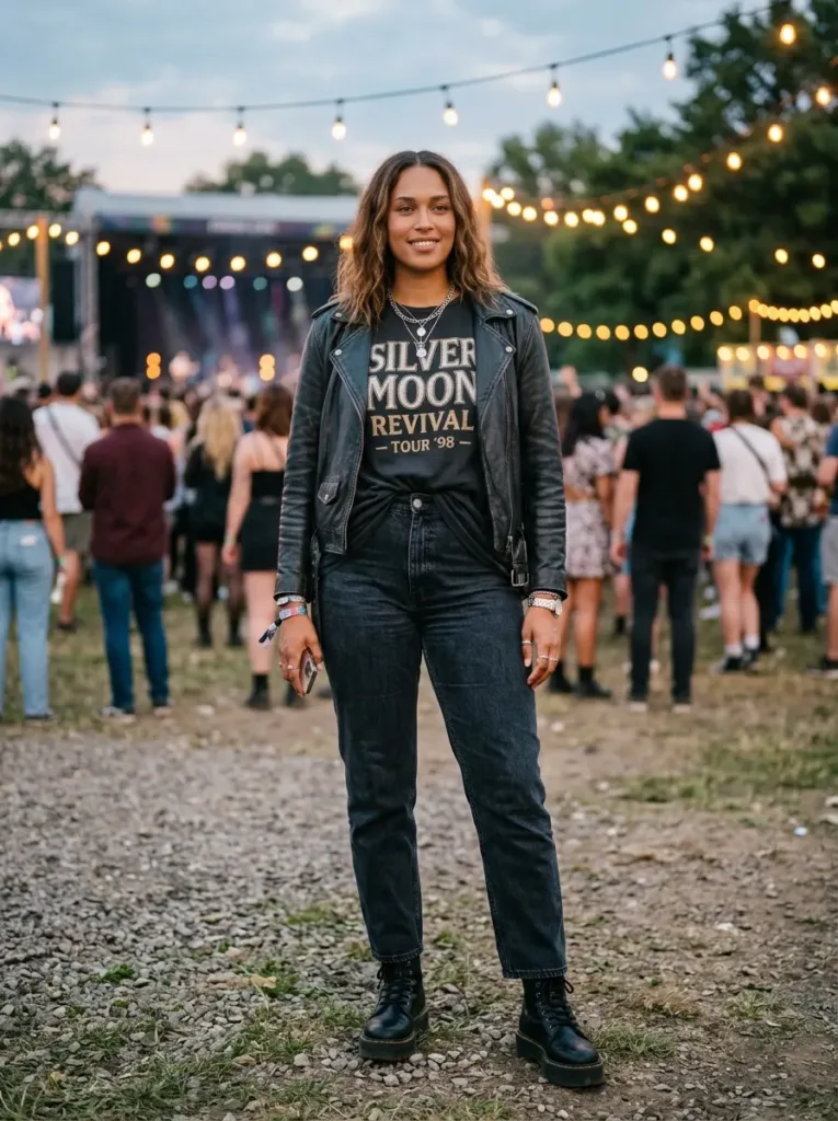 Plus size band tee outfit styled for a concert with jeans and jacket