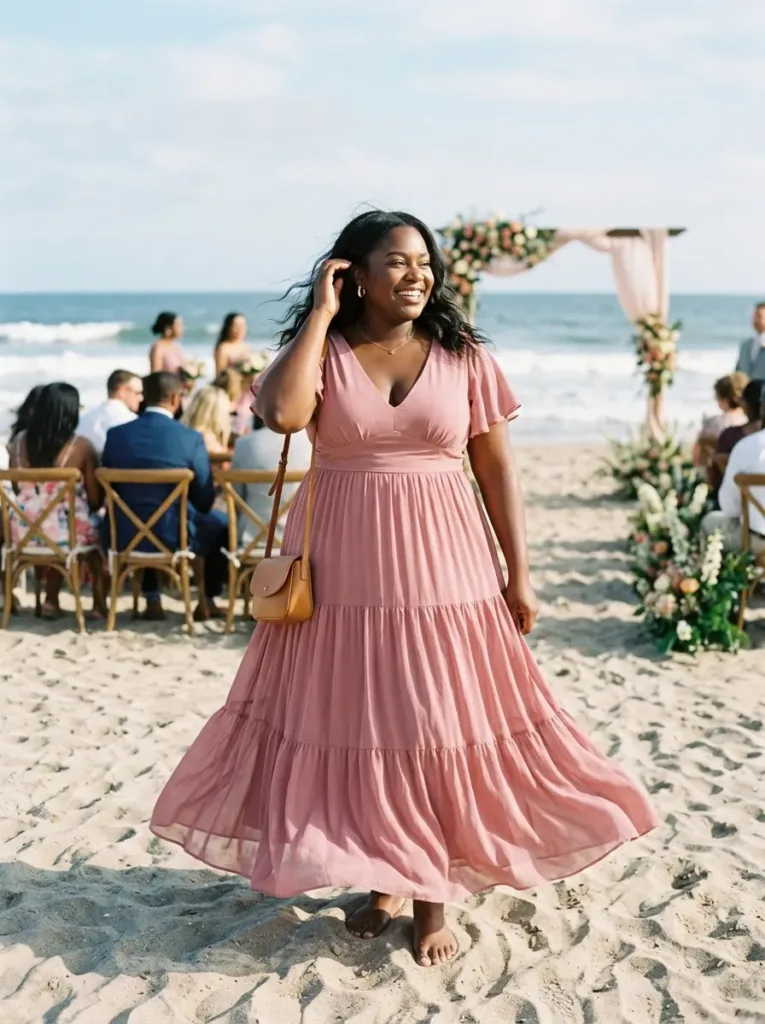 Curvy woman in flowy beach wedding guest dress for barefoot summer ceremony