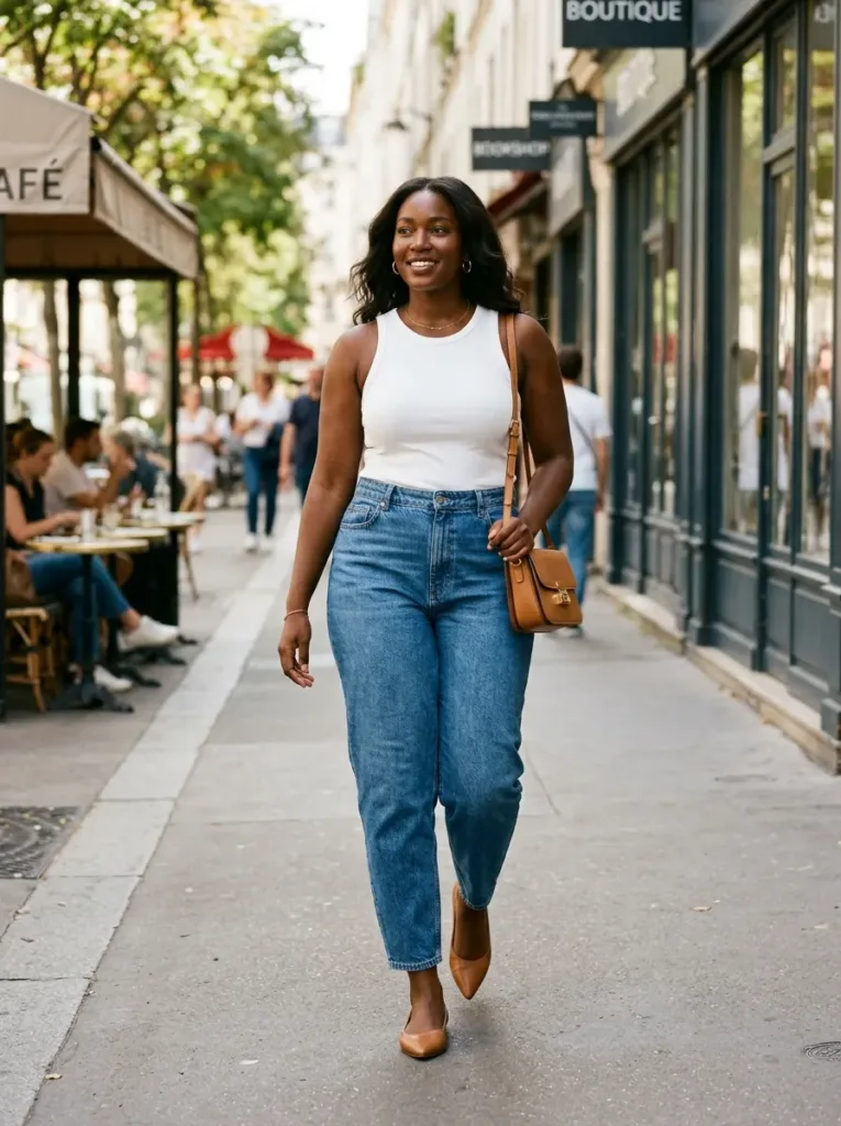 Plus size barrel jeans outfit with fitted tank for balanced summer proportions
