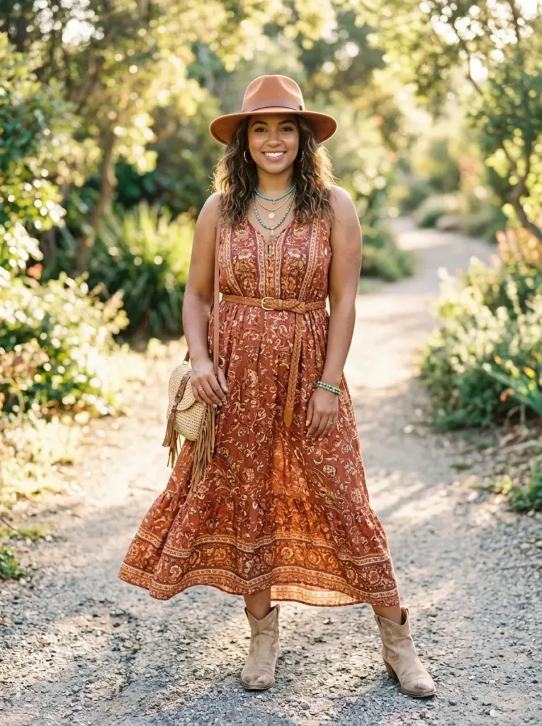 Plus size belted boho maxi dress outfit for spring with waist definition