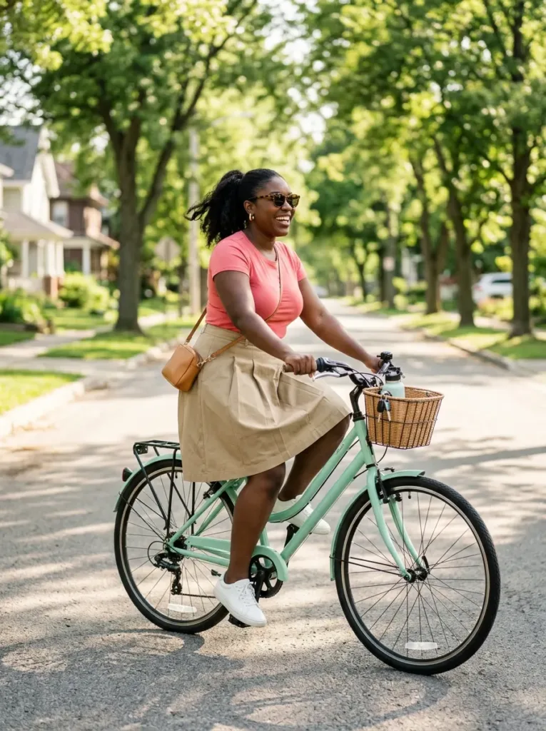 Plus size A-line skirt outfit built for biking and active summer days