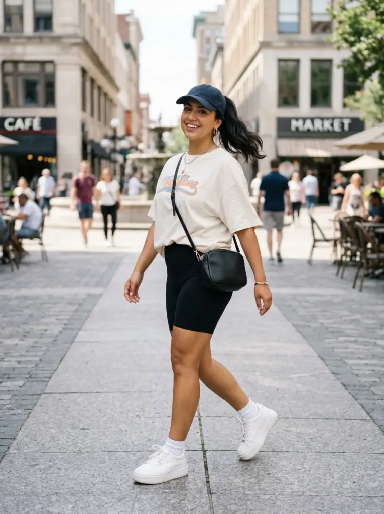 Plus size bike shorts trend outfit styled with an oversized tee for comfort