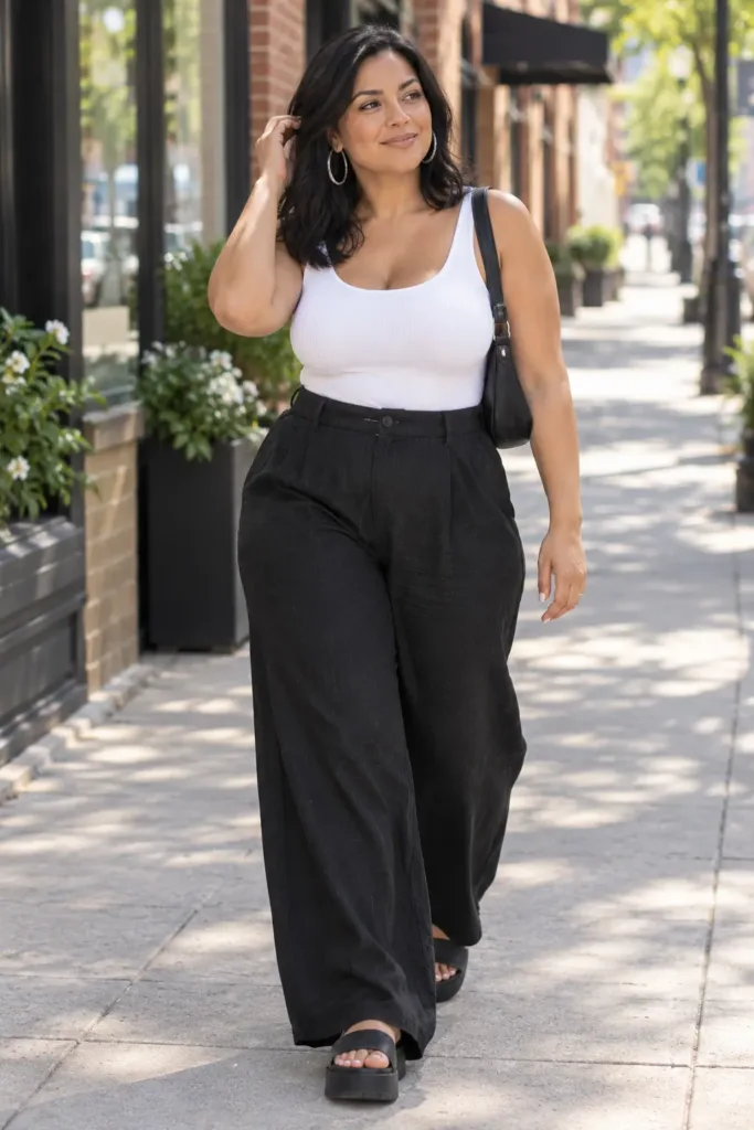Midsize woman in white ribbed tank and black wide-leg linen pants on a sunny city sidewalk