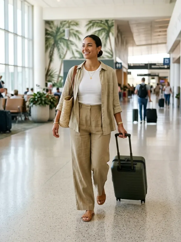 Curvy woman in breathable linen airport outfit for summer travel comfort