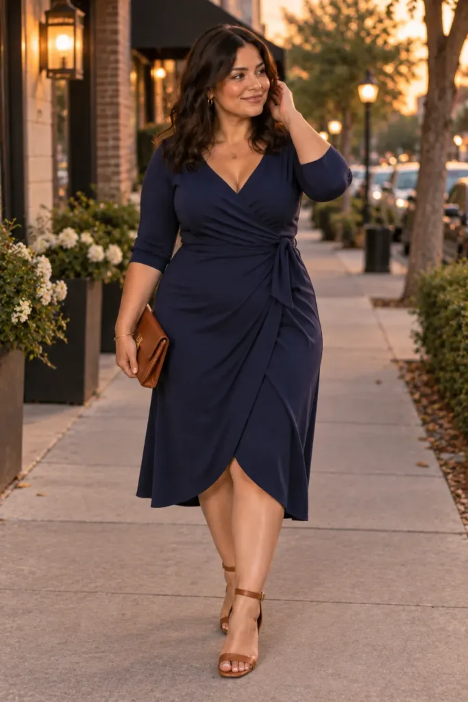 Navy wrap dress plus size cocktail party outfit