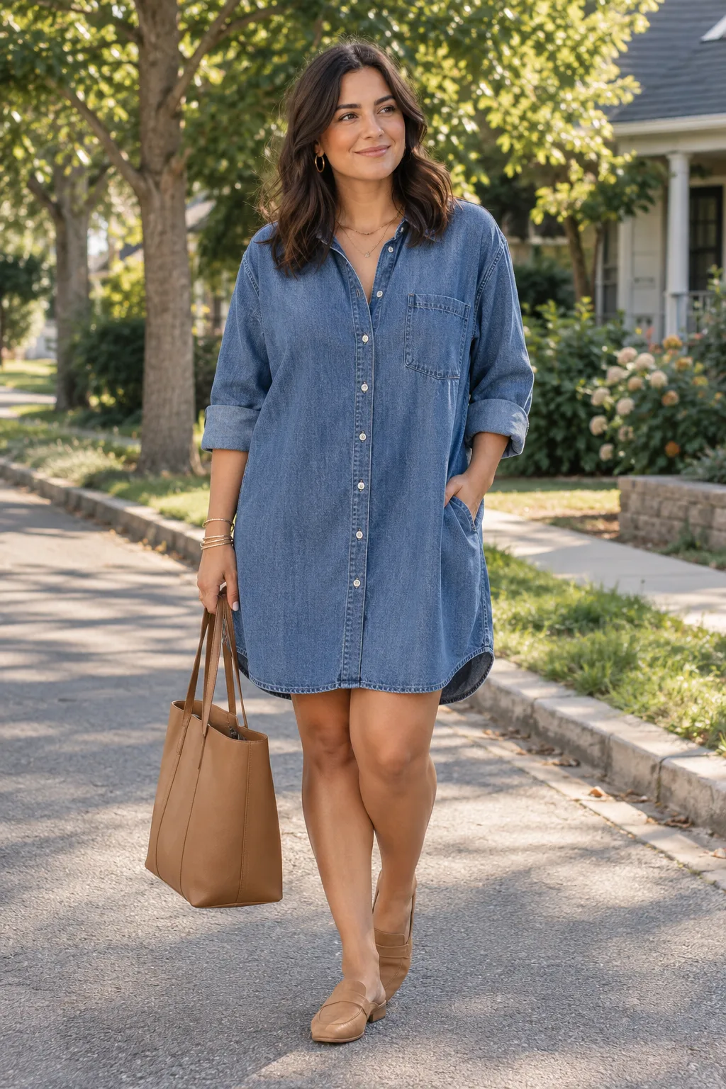 Plus size oversized denim shirt dress outfit for comfortable bloated days