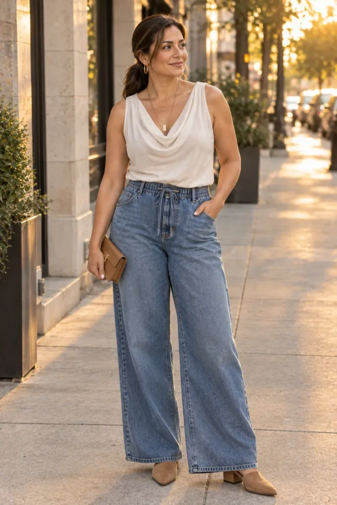 Comfortable curvy denim outfit with elastic waist jeans
