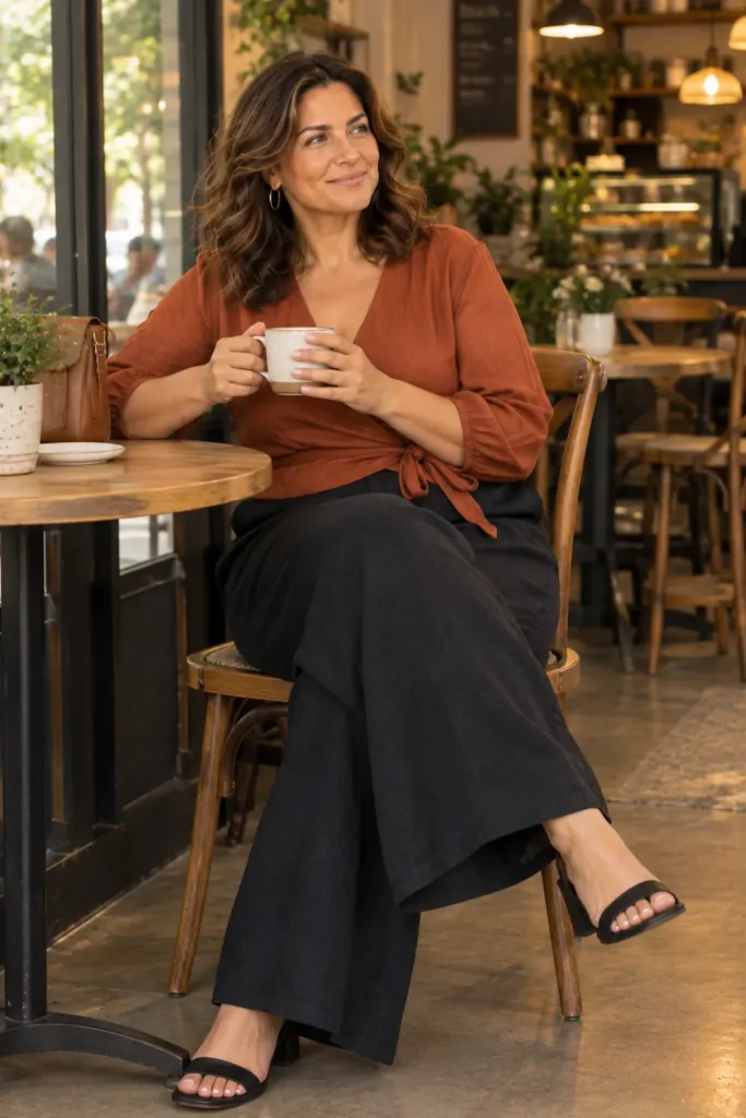 Comfortable curvy outfit bloated day summer rust top