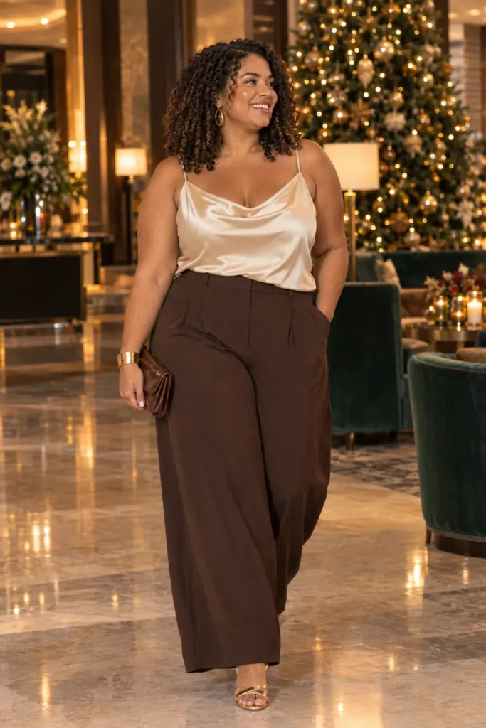 Woman wearing champagne satin cami and chocolate wide-leg pants for a holiday cocktail party