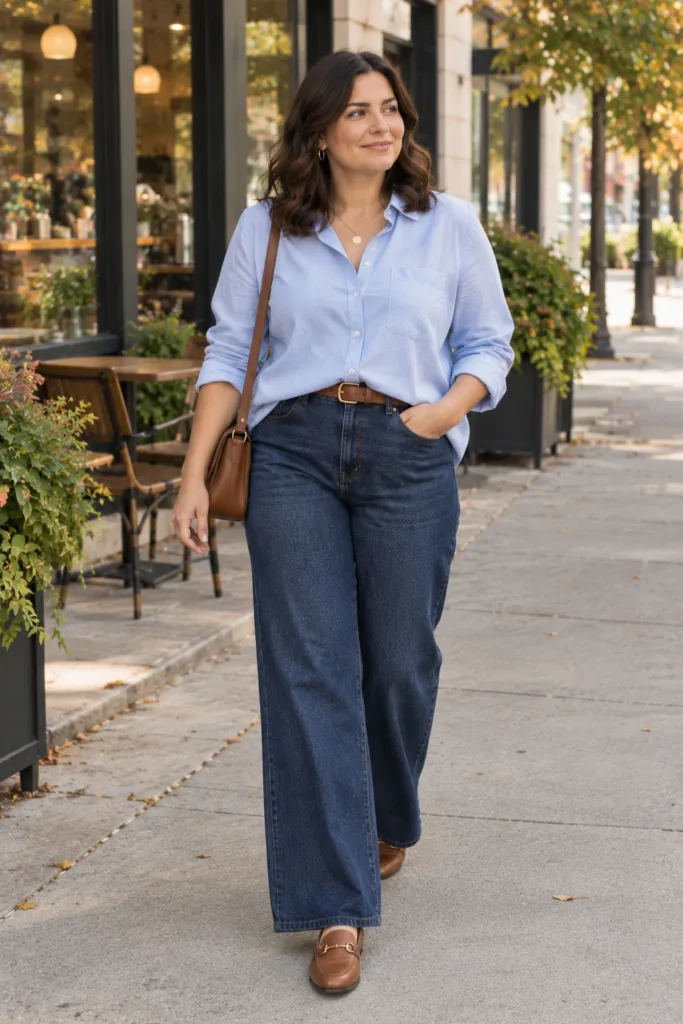 Blue Button-Down + Wide-Leg Jeans