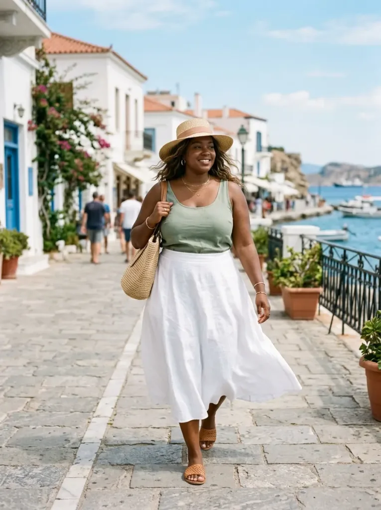 Plus size linen midi skirt outfit designed for extreme summer heat