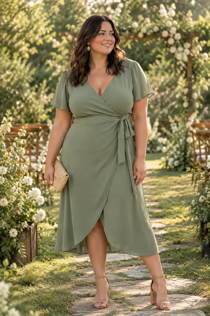 Plus size sage green wrap dress for outdoor summer wedding guest look