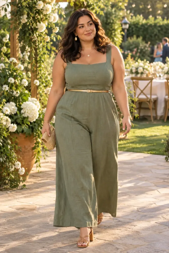 Plus size wide-leg linen jumpsuit for outdoor summer wedding guest look