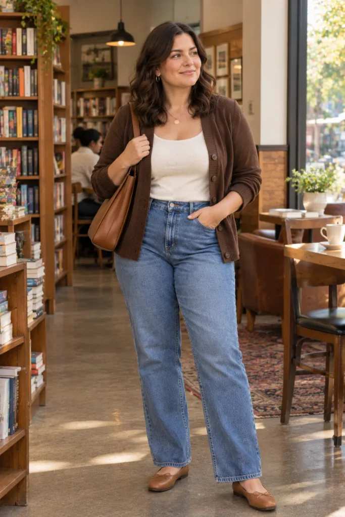Brown Cardigan + Relaxed Denim