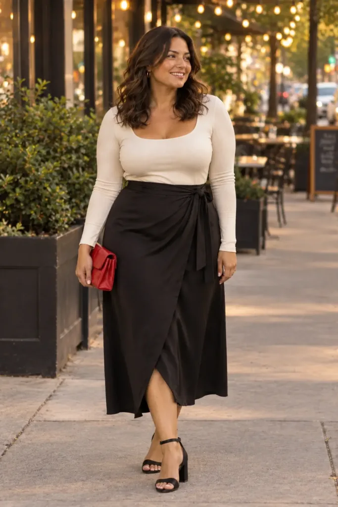 Budget plus size cocktail outfit black skirt cream top red clutch