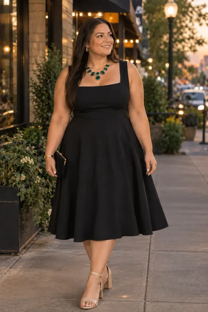 Plus size black cocktail dress styled for multiple wedding guest events