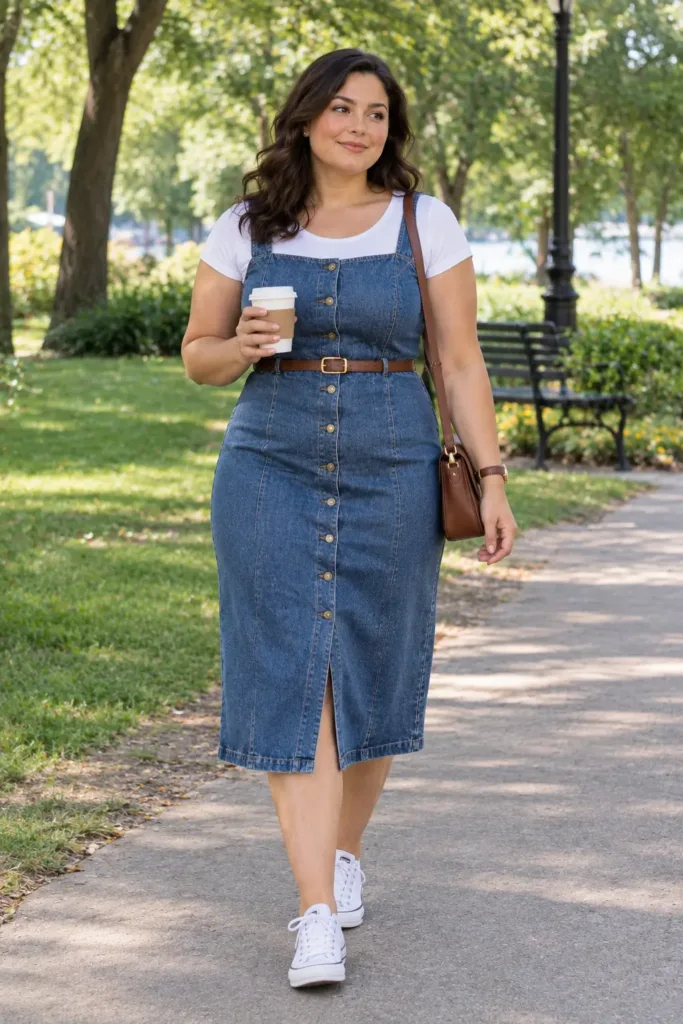 Plus size budget-friendly denim dress outfit with white tee layering