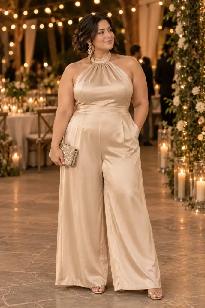 Plus size champagne halter jumpsuit with built-in support wedding guest