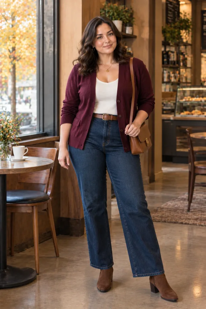 Burgundy Cardigan + Straight-Leg Denim