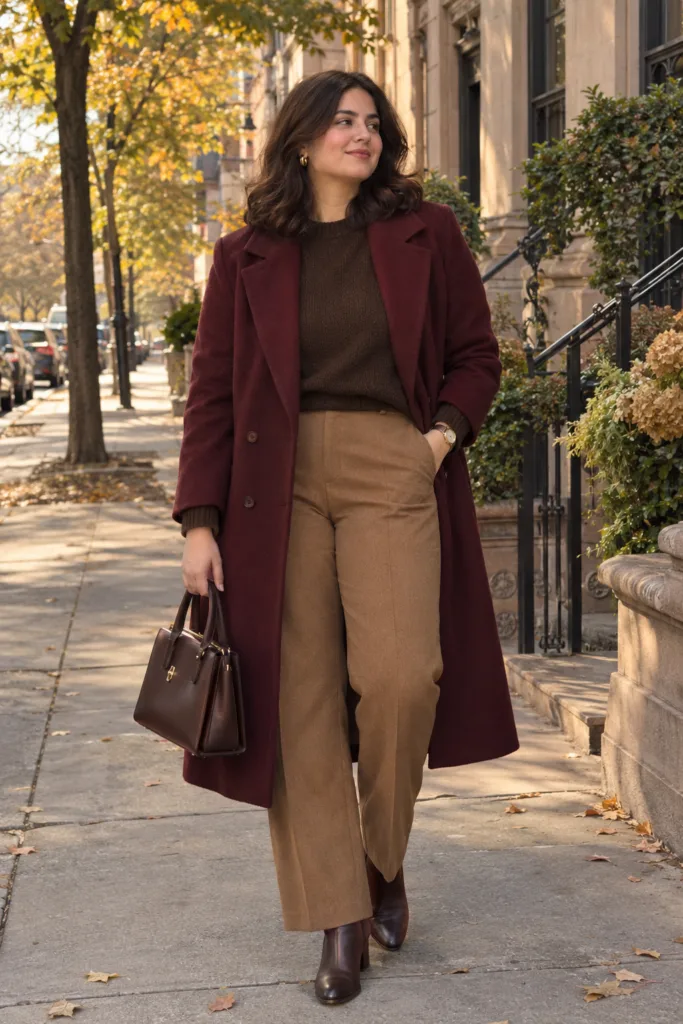 Burgundy Coat + Tonal Brown Layers