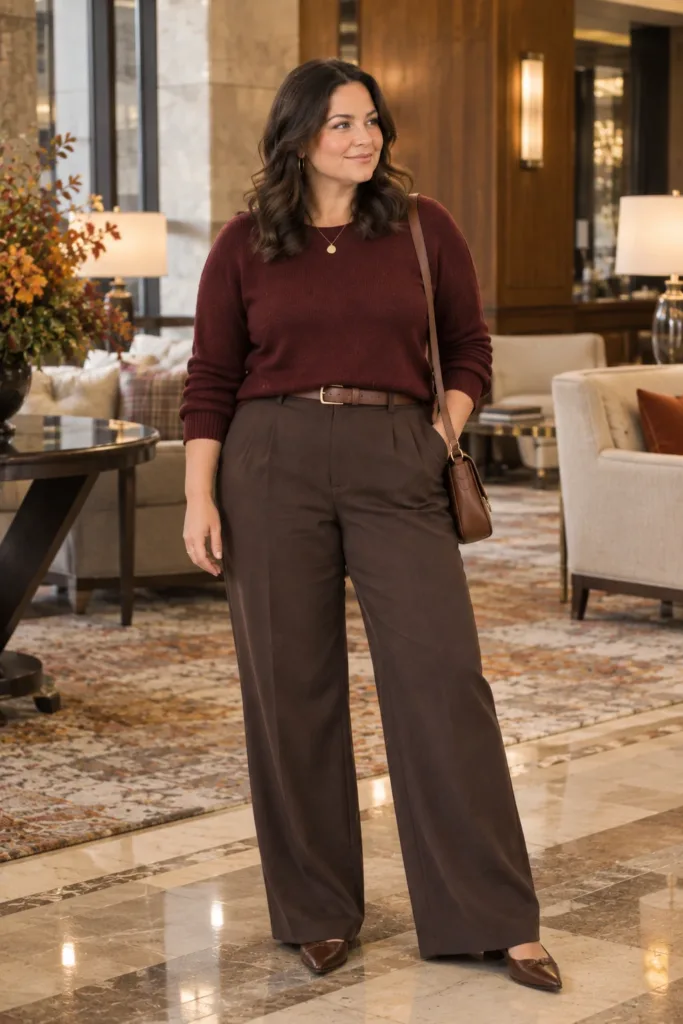 Burgundy Knit + Wide-Leg Trousers