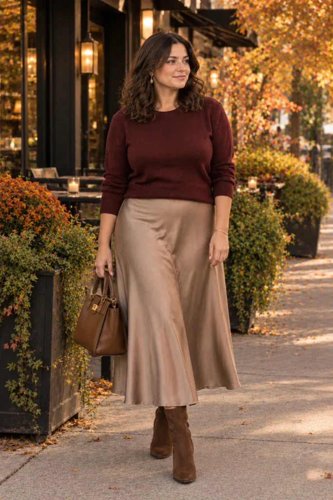 Burgundy Sweater + Midi Skirt: The Romantic Dinner Look