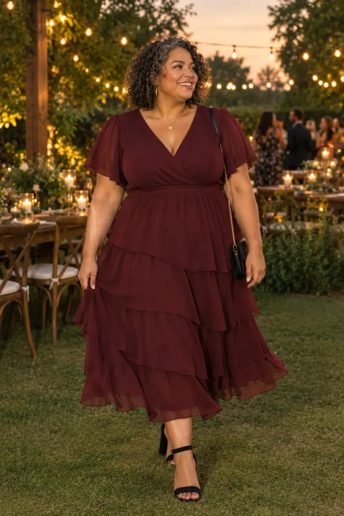 Curvy woman in a burgundy tiered midi dress and black block heels at a wedding