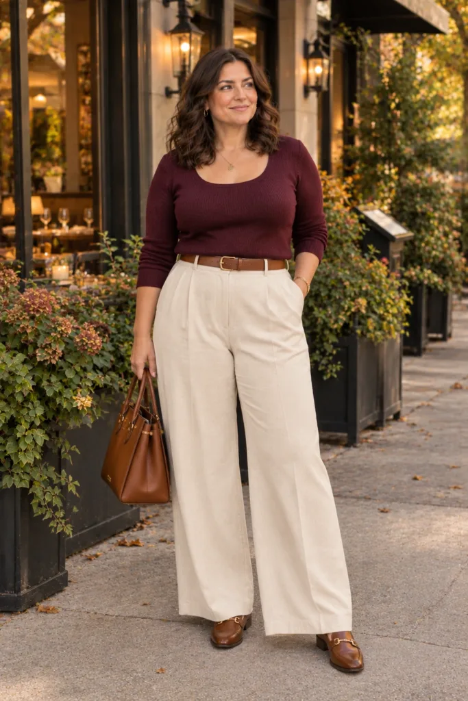 Burgundy Top + Soft Wide-Leg Trousers
