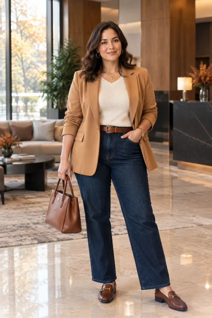 Camel Blazer + Dark Straight-Leg Jeans