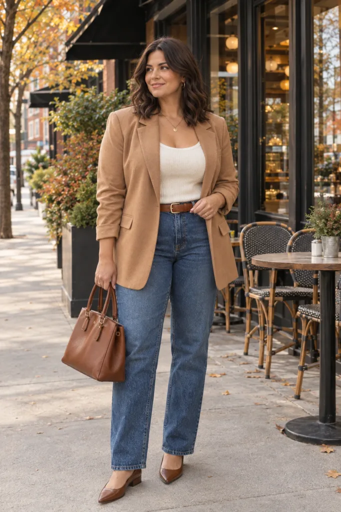 Camel Blazer + Soft Denim