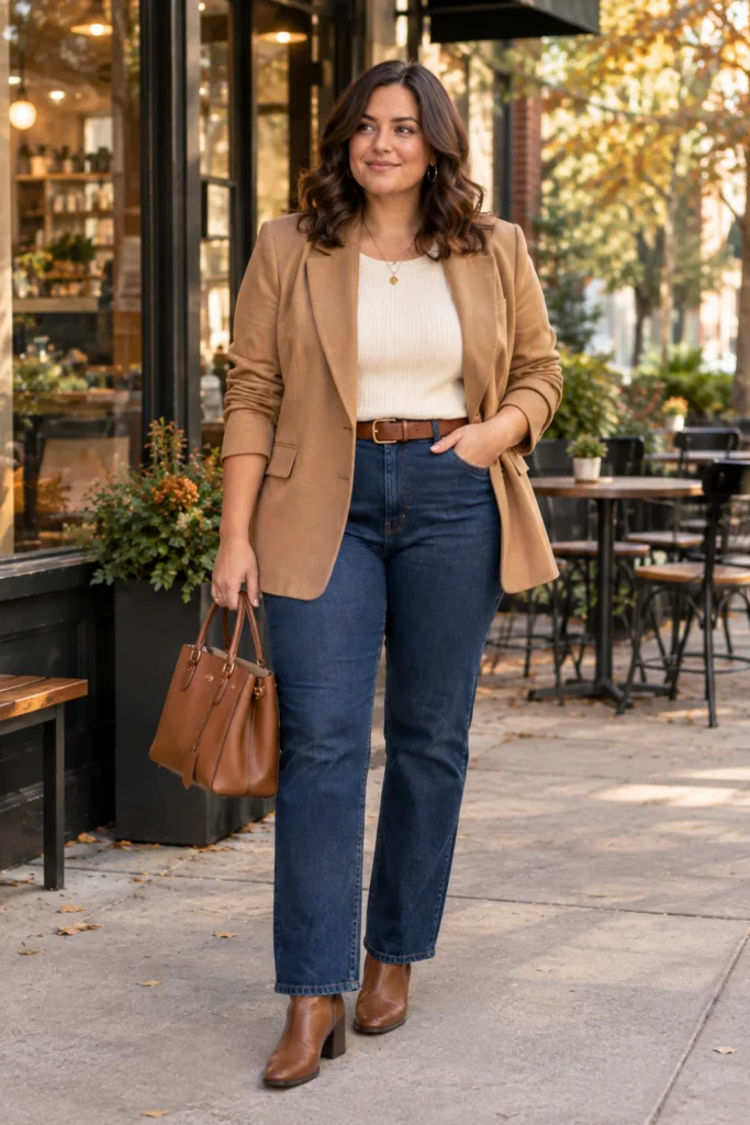 Camel Blazer + Straight-Leg Jeans