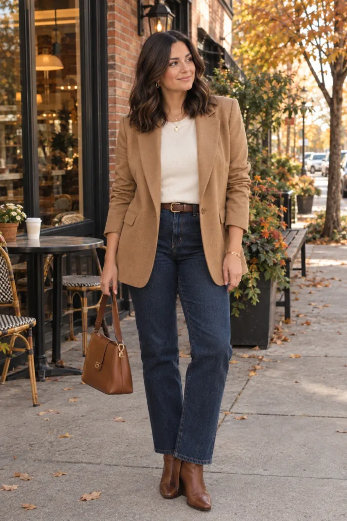 Camel Blazer + Straight-Leg Jeans