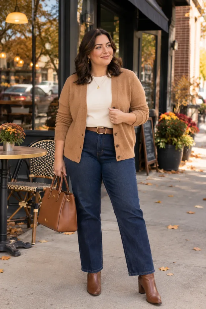 Camel Cardigan + Straight-Leg Jeans