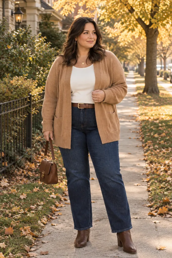 Camel Cardigan + Straight-Leg Jeans