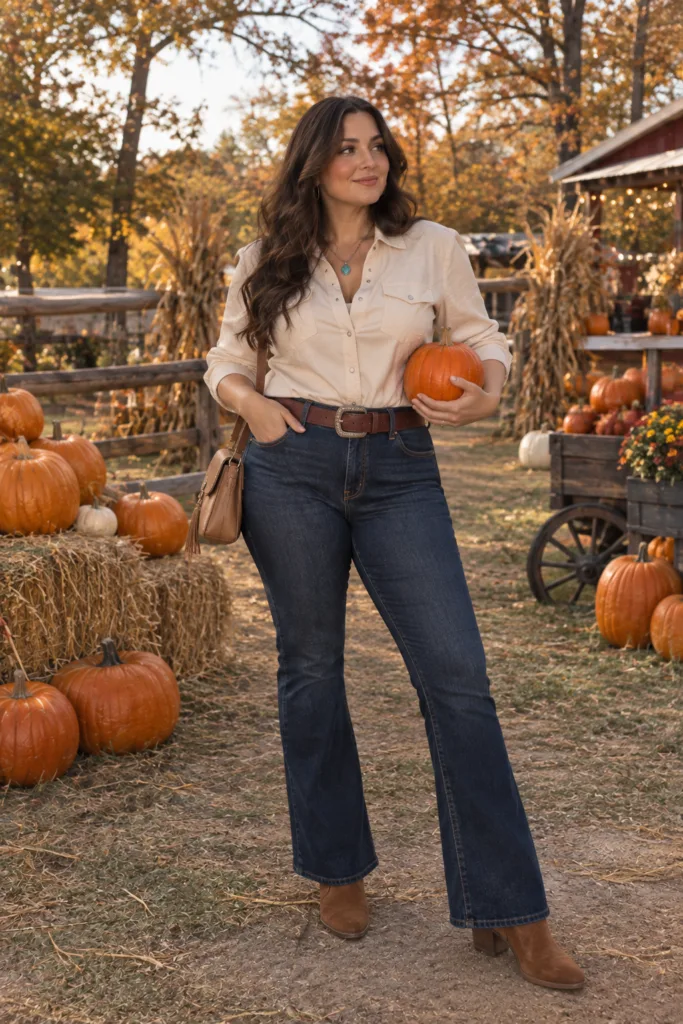 Curvy Halloween cowgirl costume with Western shirt and bootcut jeans