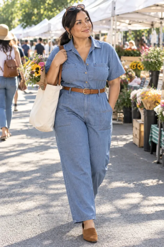 Midsize woman in blue chambray utility jumpsuit and cognac suede mules outside a farmers market