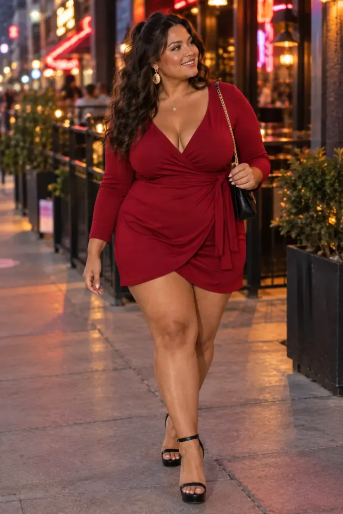 10 Plus Size Summer Club Outfits for Curvy Women 3 Woman in cherry red wrap mini dress and platform sandals, curvy club night outfit on a city sidewalk