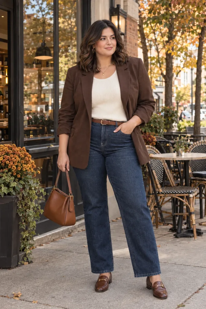 Chocolate Blazer + Straight-Leg Jeans