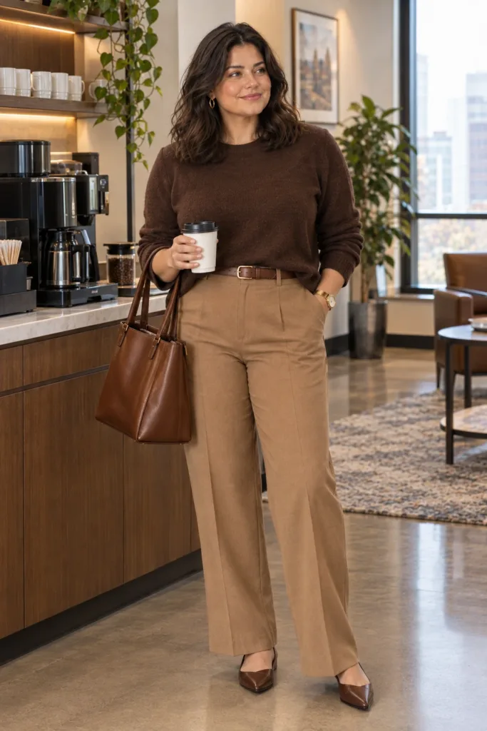 Chocolate Sweater + Camel Trousers