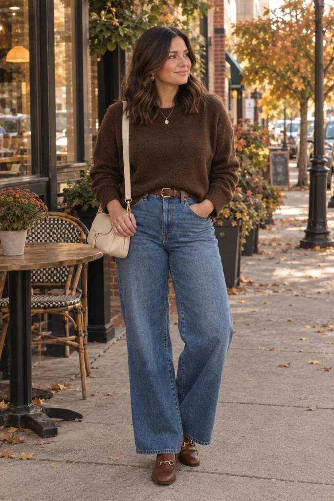 Chocolate Sweater + Wide-Leg Denim