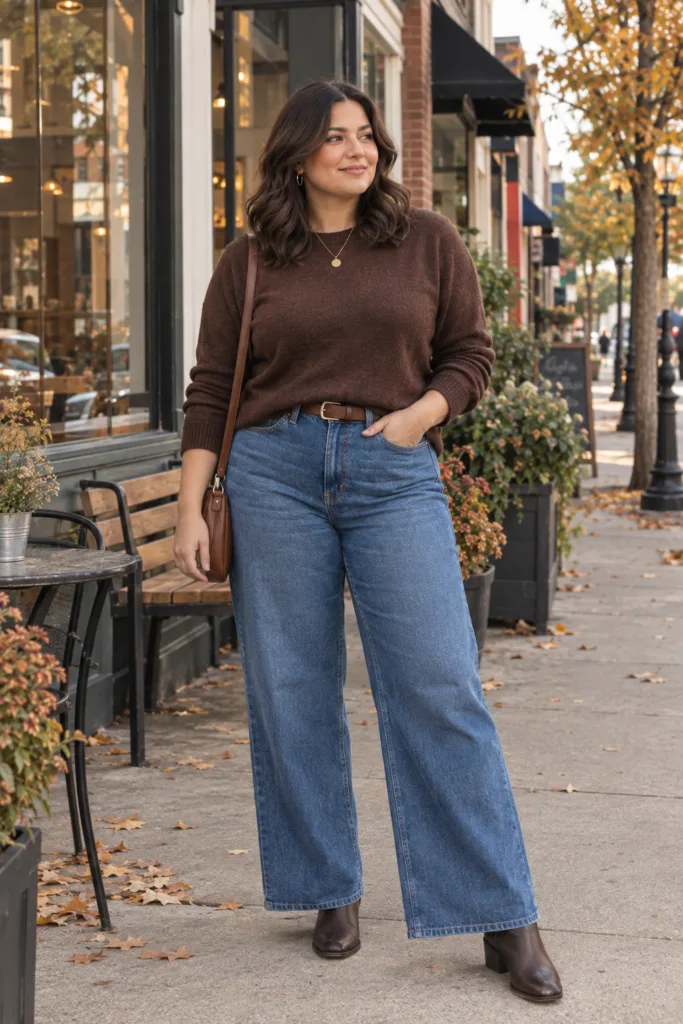 Chocolate Sweater + Wide-Leg Jeans