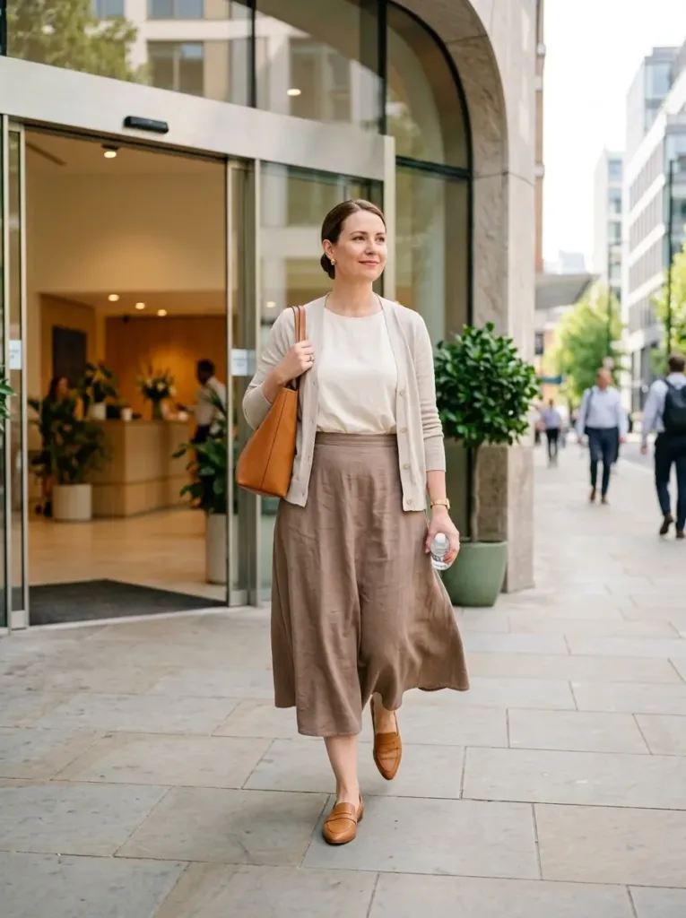 Plus size midi skirt outfit with cardigan layer for office AC and summer heat