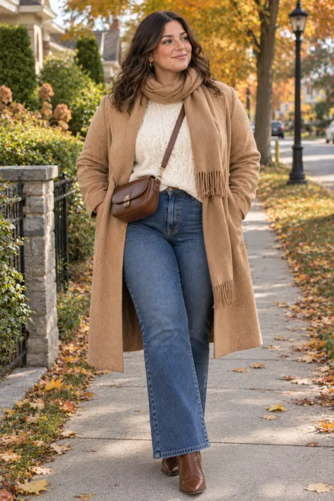 Warm plus size winter denim outfit with sweater and bootcut jeans